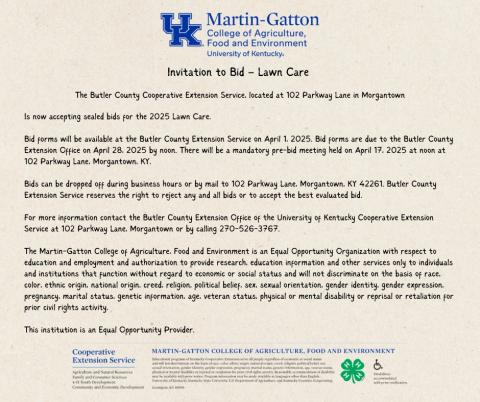 Information on the invitation to bid for lawn care for the Butler County Extension Service.